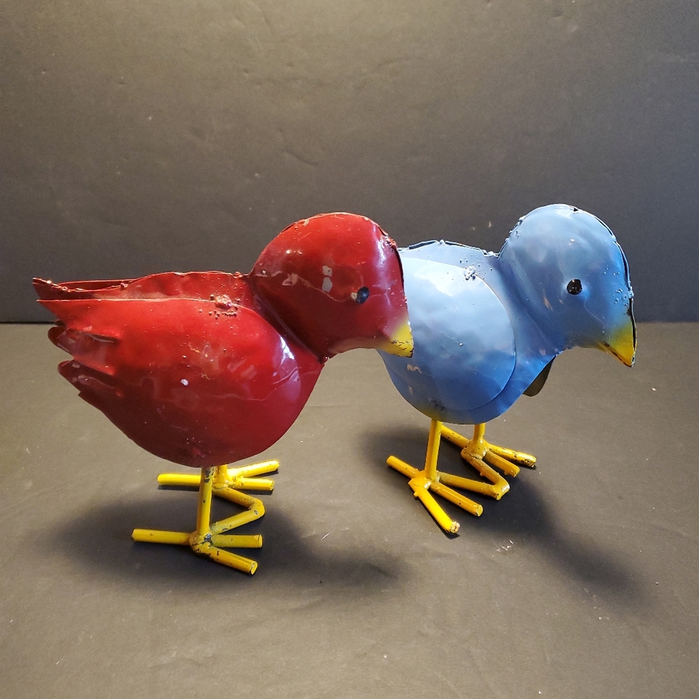 Red and Blue Metal art birds 6 in tall